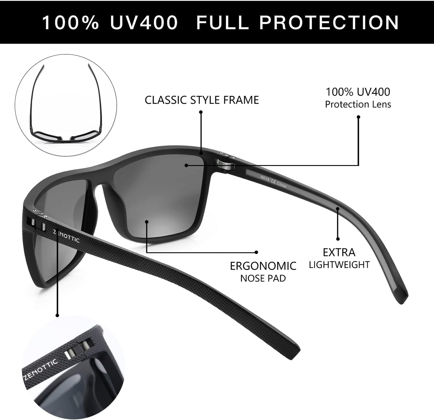 ZENOTTIC Polarized Sunglasses for Men Lightweight TR90 Frame UV400 Protection Square Sun Glasses