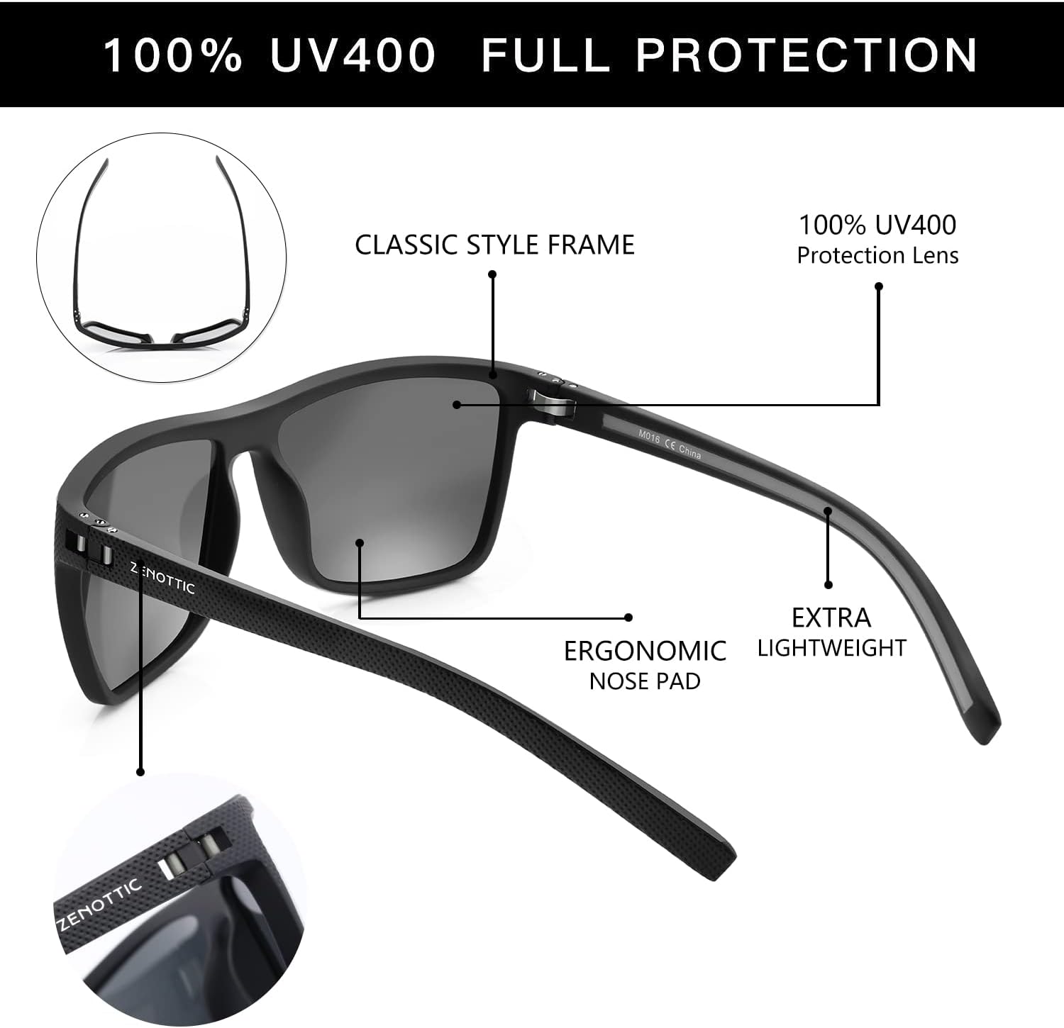 ZENOTTIC Polarized Sunglasses for Men Lightweight TR90 Frame UV400 Protection Square Sun Glasses