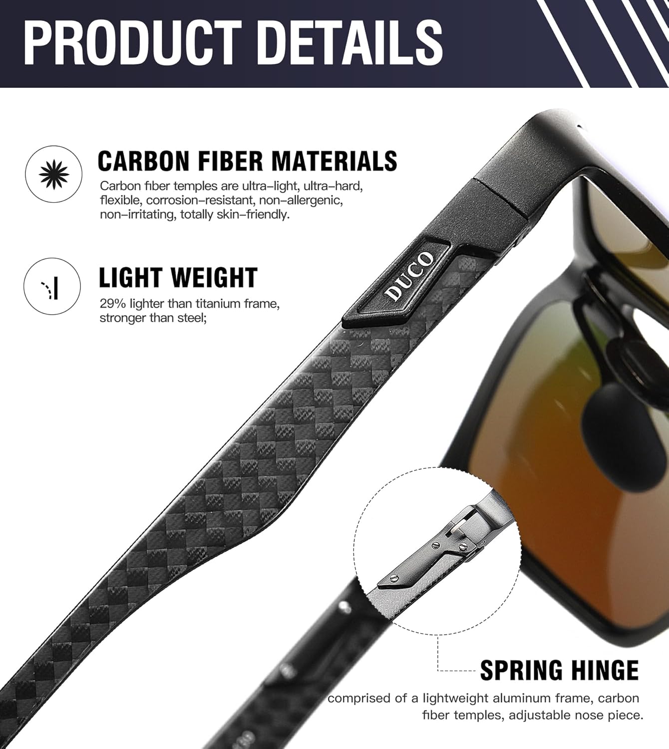 DUCO Mens Sunglasses Polarized Rectangle Sunglass for Men Lightweight Carbon Fiber UV400 Protection 8206