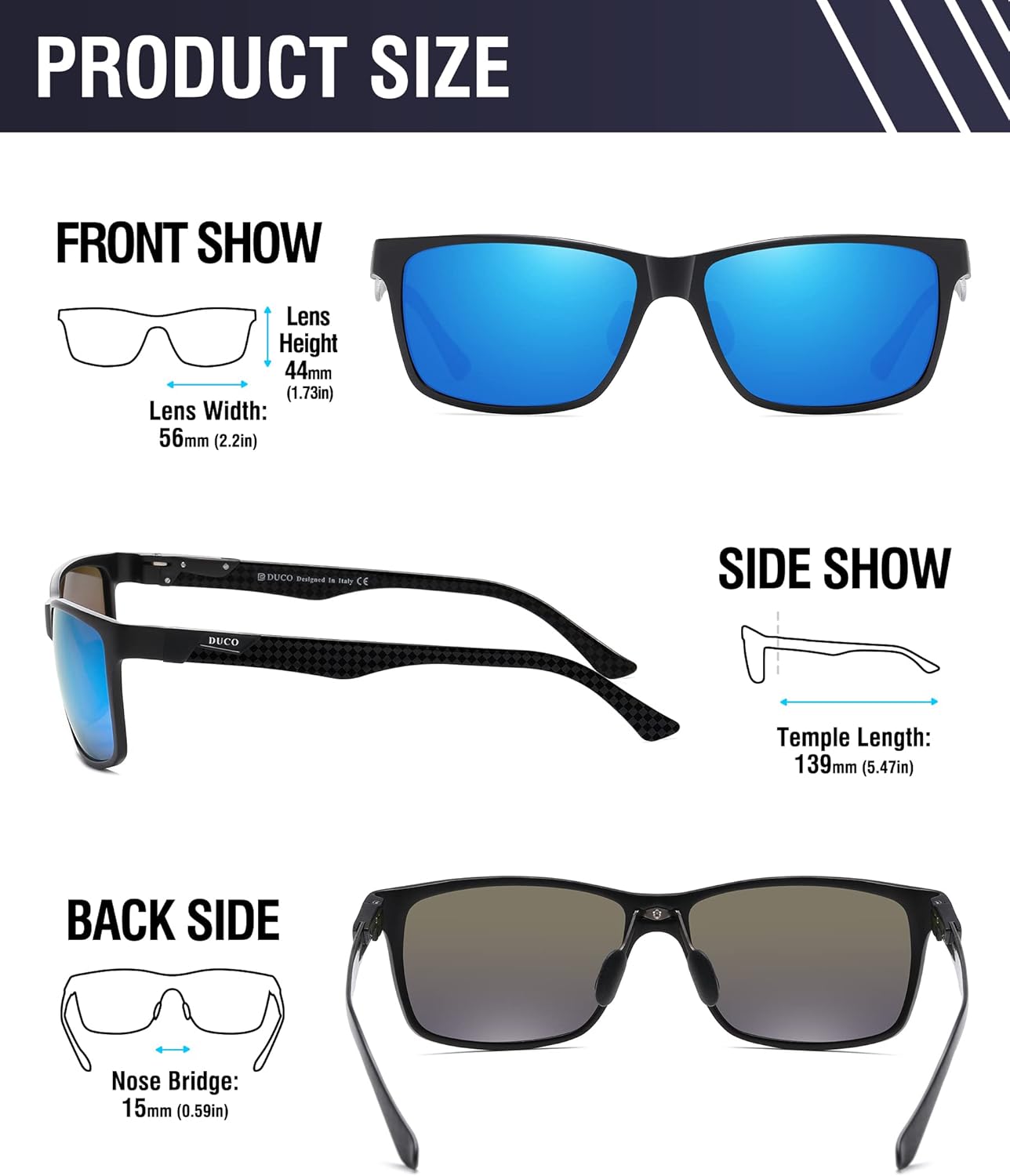 DUCO Mens Sunglasses Polarized Rectangle Sunglass for Men Lightweight Carbon Fiber UV400 Protection 8206